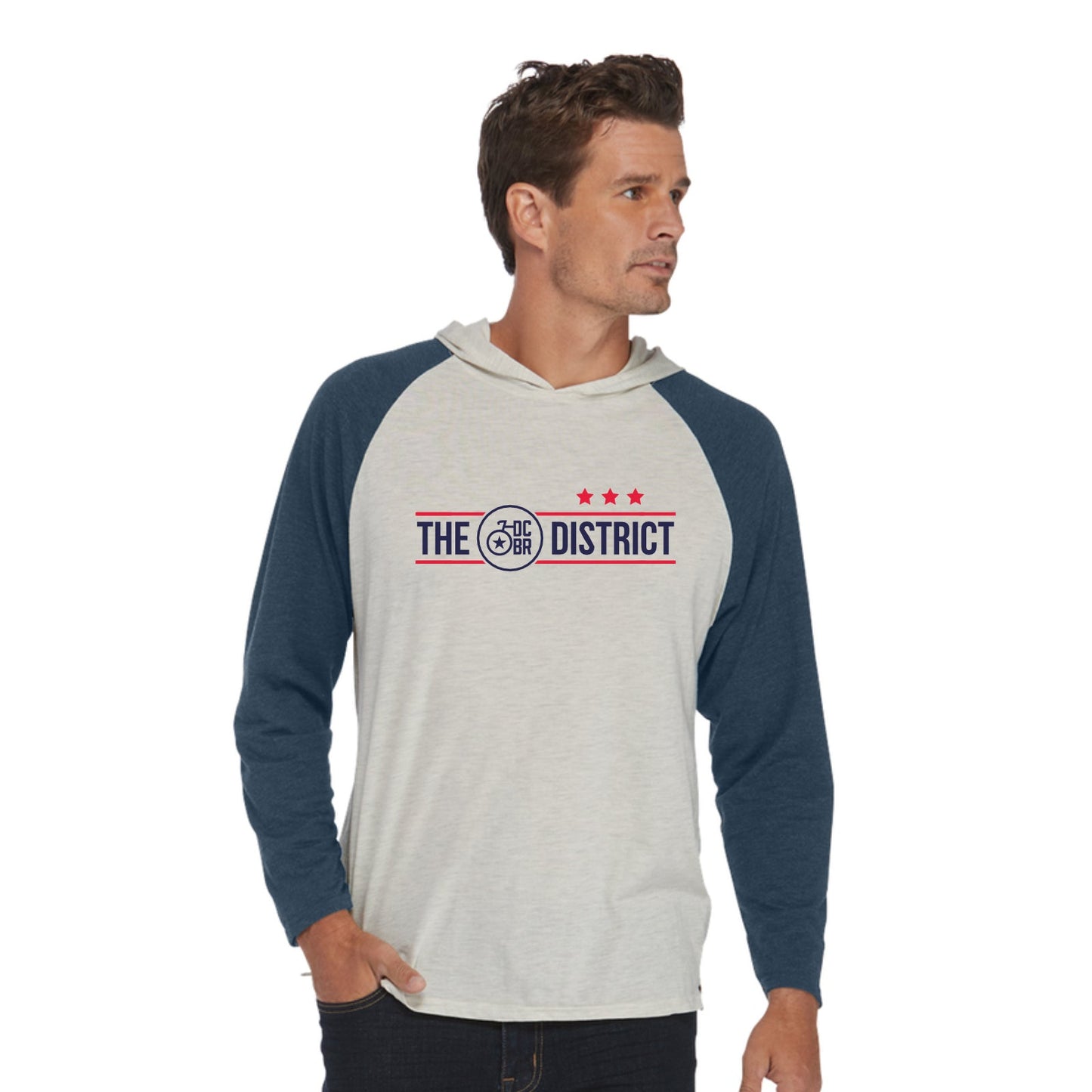DCBR Unisex LS Hooded Tee -Oatmeal/Navy- The District
