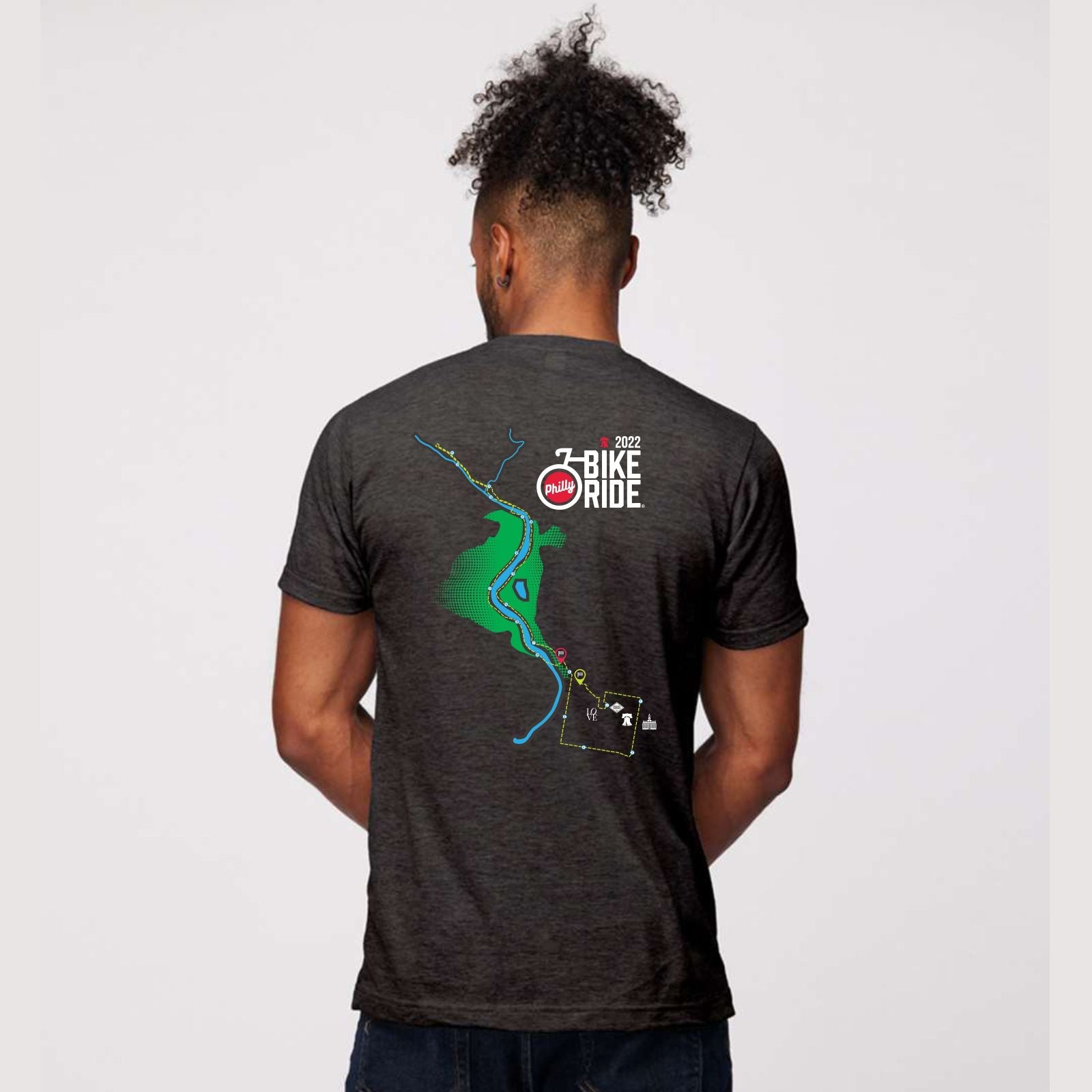 Philly Bike Ride: Men's SS Fashion Tee - Black Heather - '2022 Course' Design